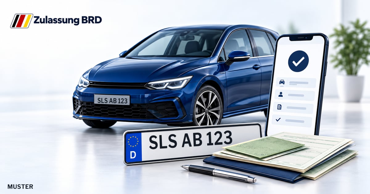 Online Fahrzeugzulassung in Dillingen/ Saar: Musterkennzeichen SLS AB 123, Auto und Fahrzeugpapiere und Smartphone. Illustration mit Logo von Zulassung BRD.